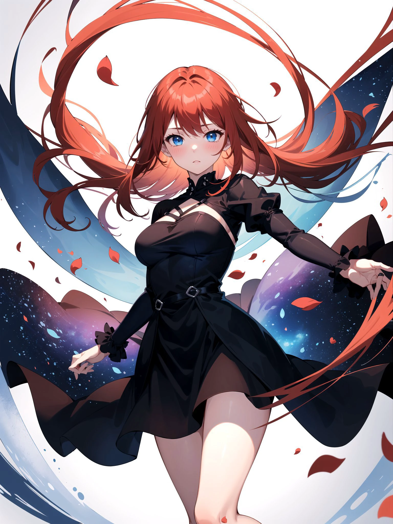 (masterpiece, best quality, highres), (1girl, mature female, red hair, long hair, blue eyes, black dress, medium breasts), (looking at viewer, blush, floating), (light particles, petals, floating object, abstract, abstract background),