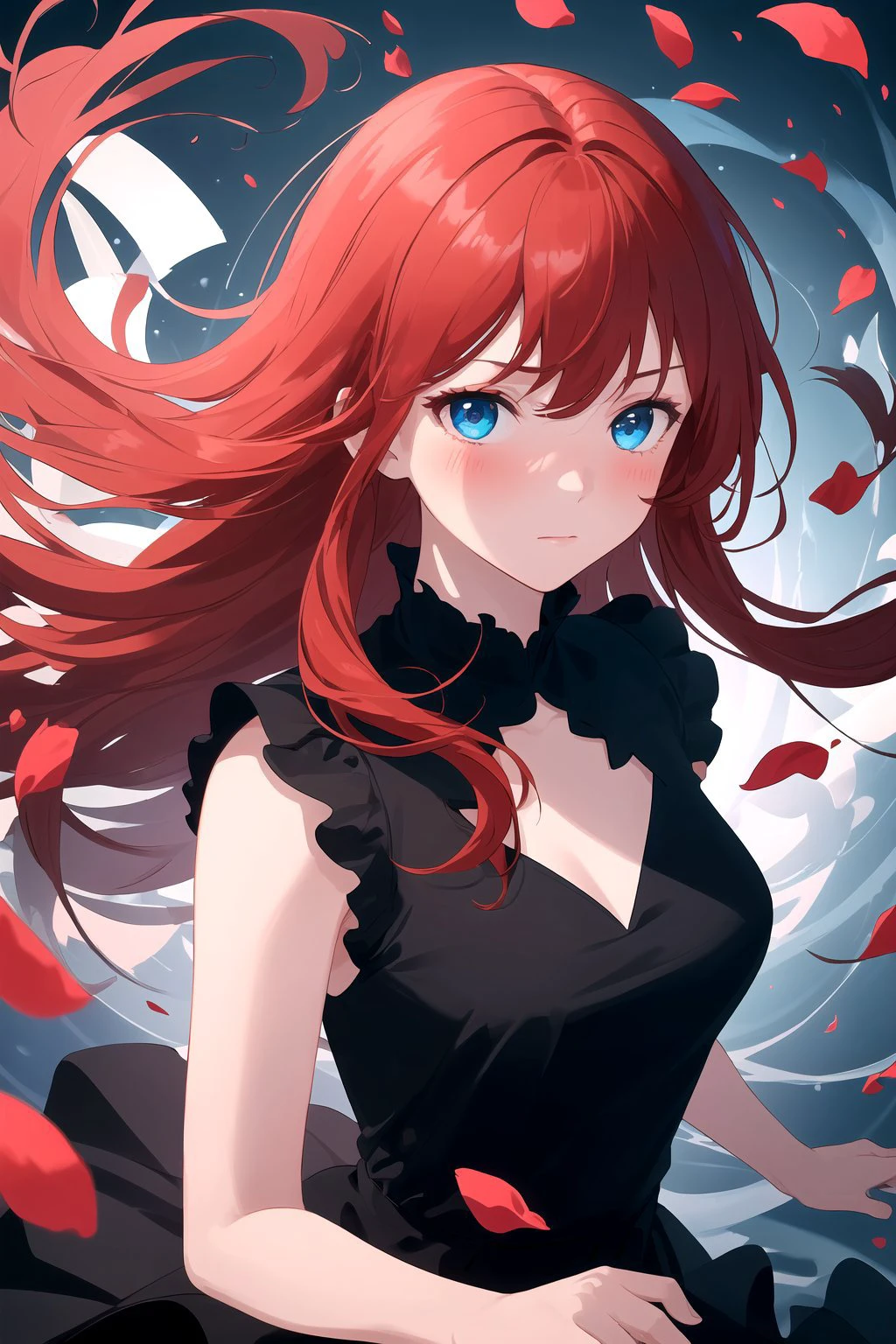 (masterpiece, best quality, highres), (1girl, mature female, red hair, long hair, blue eyes, black dress, medium breasts), (looking at viewer, blush, floating, upper body), (light particles, petals, floating object, abstract, abstract background),