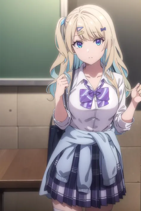 anime girl in a school uniform standing in front of a blackboard