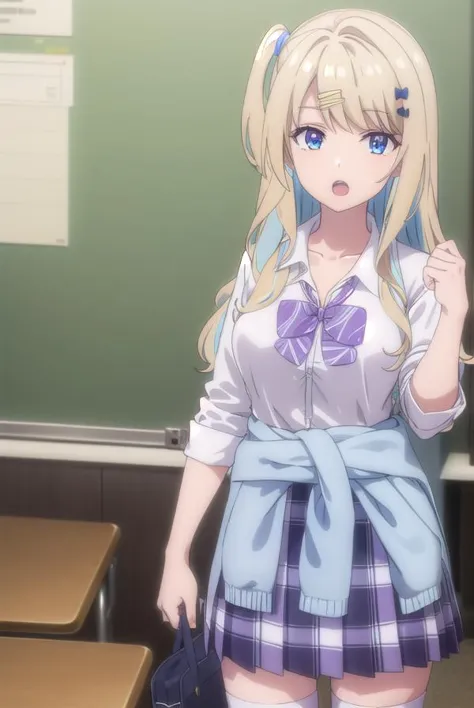 anime girl in school uniform standing in front of a blackboard