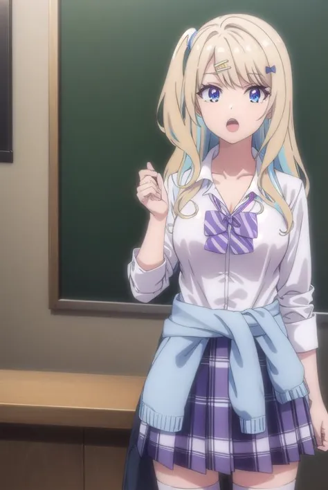 anime girl in school uniform standing in front of a blackboard