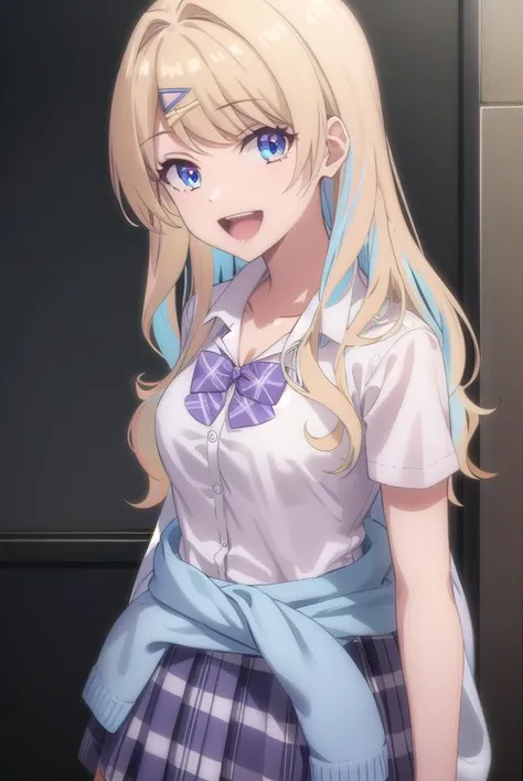 lunashirakawa, <lyco:lunashirakawa-lyco-nochekaiser:0.8>,
luna shirakawa, long hair, blue eyes, blonde hair, hair ornament, bow, multicolored hair, hairclip, <lora:talkmouth_A_v100:1>, open mouth, smile,
BREAK skirt, shirt, thighhighs, bow, school uniform, white shirt, pleated skirt, shoes, black thighhighs, bowtie, blue skirt, plaid, plaid skirt, loafers, purple bow, clothes around waist, gyaru, purple bowtie,
BREAK looking at viewer,
BREAK indoors, classroom, (cowboy shot:1.5),
BREAK <lyco:GoodHands-beta2:1>, (masterpiece:1.2), best quality, high resolution, unity 8k wallpaper, (illustration:0.8), (beautiful detailed eyes:1.6), extremely detailed face, perfect lighting, extremely detailed CG, (perfect hands, perfect anatomy),