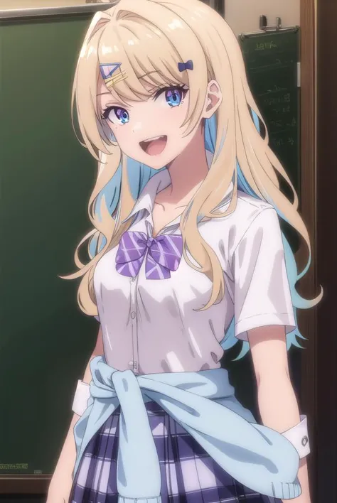 lunashirakawa, <lyco:lunashirakawa-lyco-nochekaiser:0.8>,
luna shirakawa, long hair, blue eyes, blonde hair, hair ornament, bow, multicolored hair, hairclip, <lora:talkmouth_A_v100:1>, open mouth, smile,
BREAK skirt, shirt, thighhighs, bow, school uniform, white shirt, pleated skirt, shoes, black thighhighs, bowtie, blue skirt, plaid, plaid skirt, loafers, purple bow, clothes around waist, gyaru, purple bowtie,
BREAK looking at viewer,
BREAK indoors, classroom, (cowboy shot:1.5),
BREAK <lyco:GoodHands-beta2:1>, (masterpiece:1.2), best quality, high resolution, unity 8k wallpaper, (illustration:0.8), (beautiful detailed eyes:1.6), extremely detailed face, perfect lighting, extremely detailed CG, (perfect hands, perfect anatomy),