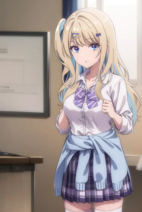 anime girl in school uniform standing in front of a desk