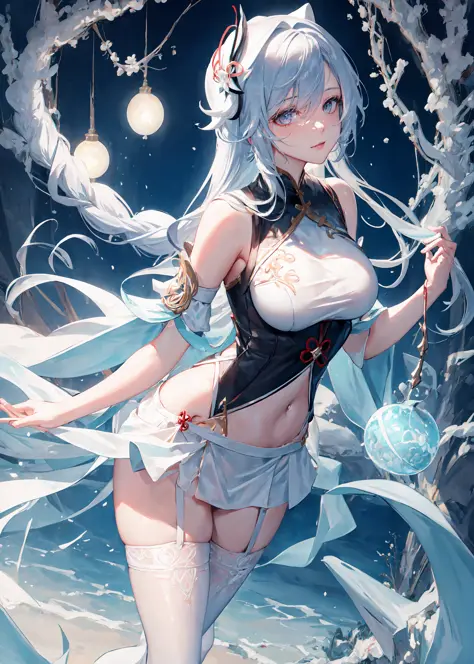 (masterpiece, best quality, ultra-detailed, highres), perfect face, sidelighting,  lustrous skin, standing, white lace, blue theme, fantasy, bikini, lace, white thighhighs, ((lace trim)), ((string biniki)),
(bloom), (shine), lighting, ray tracing, ((scienc...