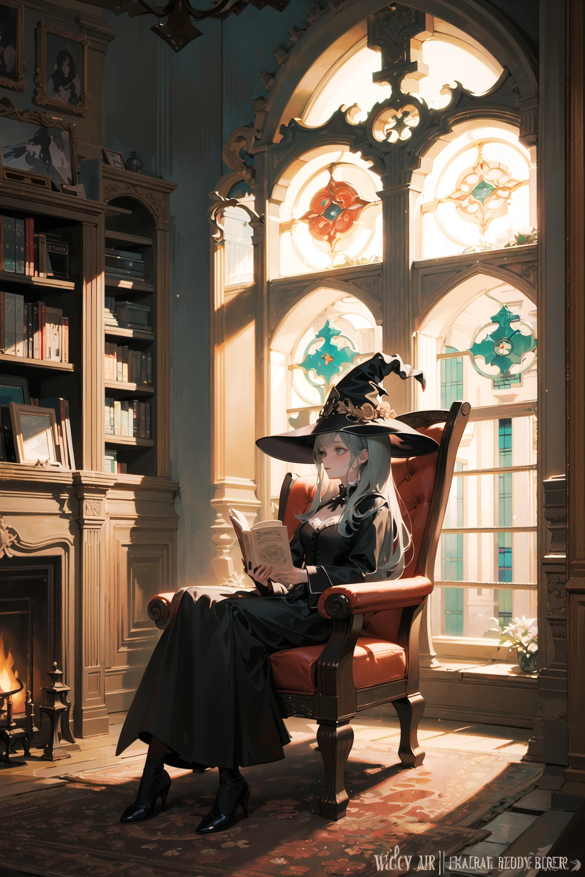 (witch:1.2), (indoors), antique, (magical:1.1), (night, moonlight), 1 girl, (sitting in an armchair, reading), (stone fireplace:1.2), (gothic window), dark room, bookshelf, (fantasy:1.2), (gothic:1.4)