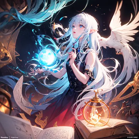 death,blood,night, dark, (Fantasy),Infinite,deep blue sky,The abyss of knowledge,knowledge,((masterpiece)), (((best quality))),((beautiful detailed eyes)),(eyelash),Monster,(1 girl),blue hair,long hair,abyss eyes,Shiny skin,oil,small breast,(bird body,feat...