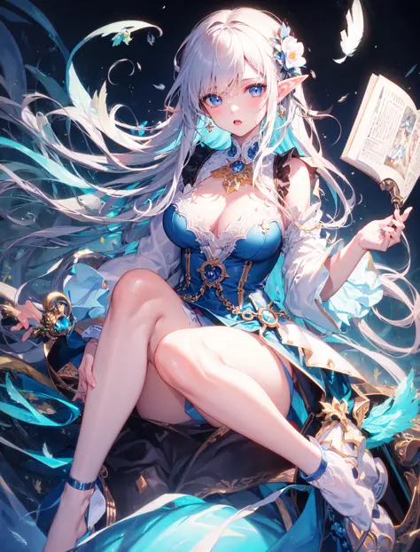 (masterpiece, best quality, extremely detailed CG, beautiful detailed eyes, ultra-detailed, intricate details:1.2), 8k wallpaper, elaborate features,
(1girl, solo:1.4),  long hair, streaked hair, elf,  looking at viewer,  blue eyes, earring,   panties, ank...