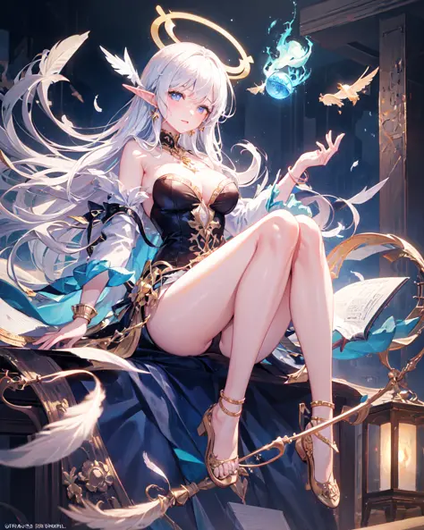 (masterpiece, best quality, extremely detailed CG, beautiful detailed eyes, ultra-detailed, intricate details:1.2), 8k wallpaper, elaborate features,
(1girl, solo:1.4),  long hair, streaked hair, elf,halo,  looking at viewer,  blue eyes, earring,   panties...