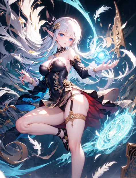 (masterpiece, best quality, extremely detailed CG, beautiful detailed eyes, ultra-detailed, intricate details:1.2), 8k wallpaper, elaborate features,
(1girl, solo:1.4),  long hair, streaked hair, elf,  looking at viewer,  blue eyes, earring,   panties, ank...