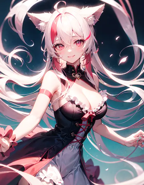dynamic angle, upper body, 1girl, smile, wolf ears, wolf tail, pink eyes, hair between eyes, streaked hair, long hair, noble, frilled dress, jewel