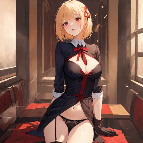 1girl, large breasts, nsfw, nude, lace gloves, upper body, (ahegao),
short hair, bob cut, blonde hair,  bangs,  red hair ribbon, red eyes,
(masterpiece, best quality, ultra-detailed, highres, absurdres), (sidelighting, lustrous skin, finely detailed beauti...