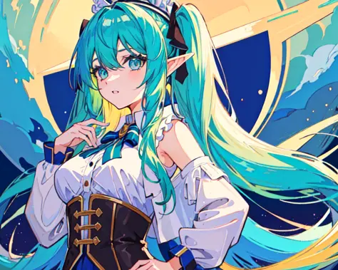 1girl, <lora:LORAFlatColor_flatColor:0.6>, looking at viewers ,green hair ,blue eyes, beautiful detailed eyes, long twin tails,wizard hat,wearing rags of cloth,singing magic, arcane, magic surrounding,knowledge,abyss eyes,deep blue sky, death,medium breast...