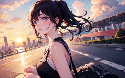 masterpiece, best quality,8k,1girl, beautiful detailed light,beautiful detailed shadow,((beautiful detailed cloud)),road,skyscraper,dynamic angle,sun set