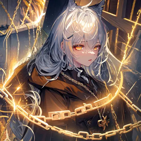 <lora:arknightsTexasThe_v10:0.5> <lora:arknightsLappland_v20:0.5>, masterpiece, best quality, ultra-detailed, illustration, close-up, straight on, 1girl, white hair, yellow eyes, angel, chains,masterpiece,fancy background,fire,rainstorm