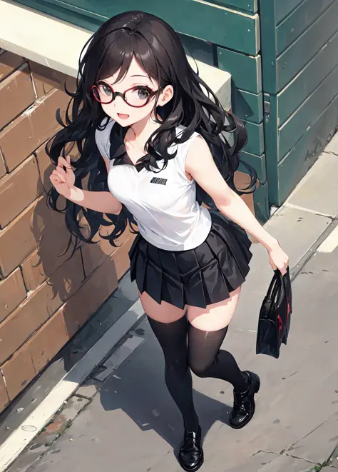 full body photo of a beautiful petite woman wearing round glasses, solo, sexy, extremely short tennis pleated skirt, very high black stockings, (((cheerful))), long black wavy hair
