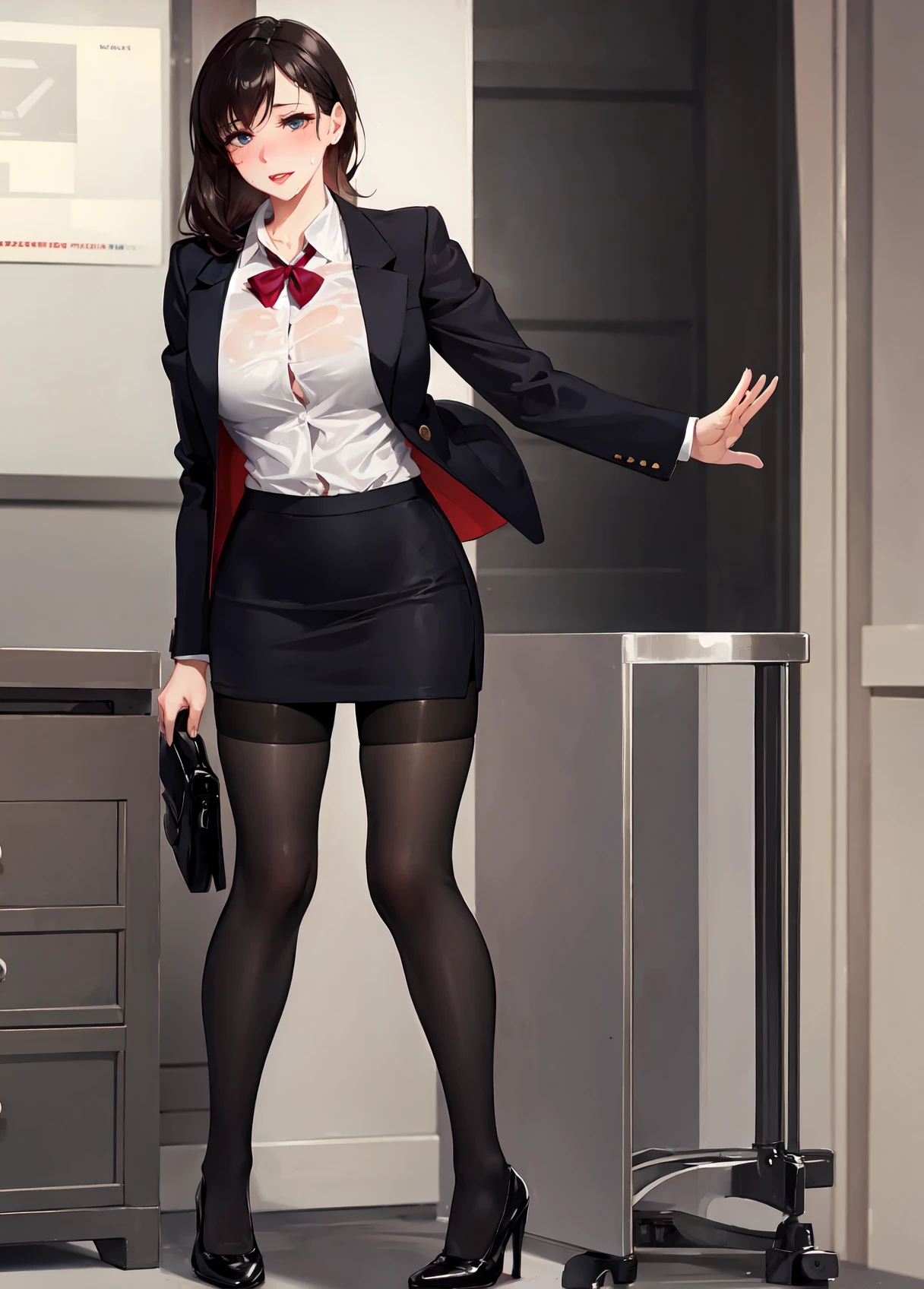 full body photo of a beautiful sexy secretary wearing extremely short skirt  and seamed stockings, standing exactly, ((solo)), adult, in the office -  SeaArt AI