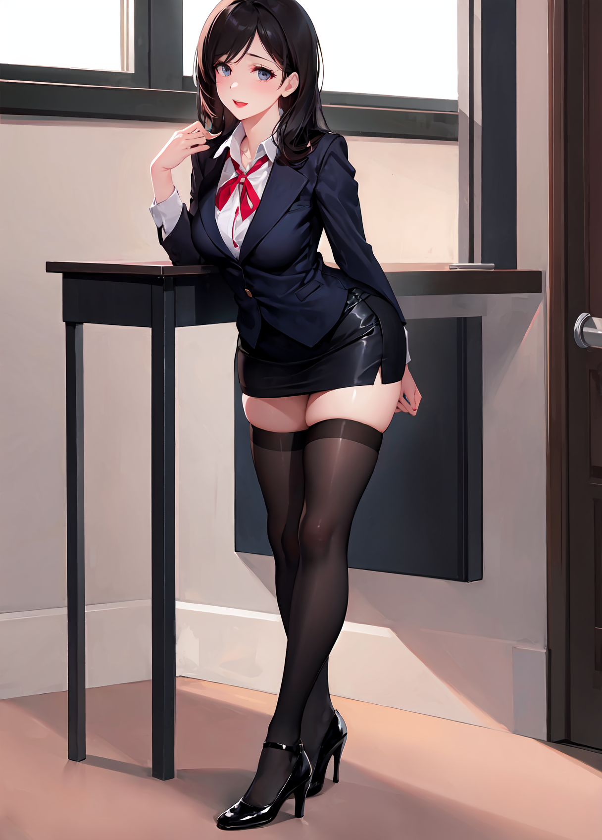 Anime girl in a business suit posing at a desk - SeaArt AI