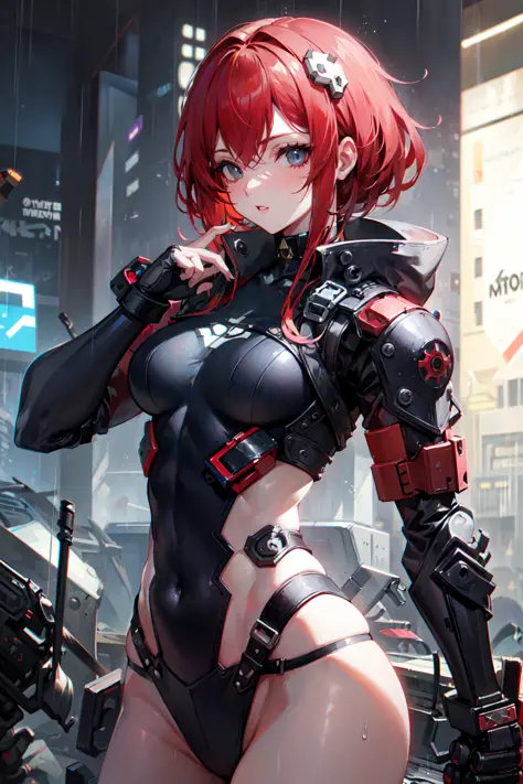 cyberpunk,metal gear,guilty gear,1girl,battle,rain,cyberpunk armor,exoskeleton,