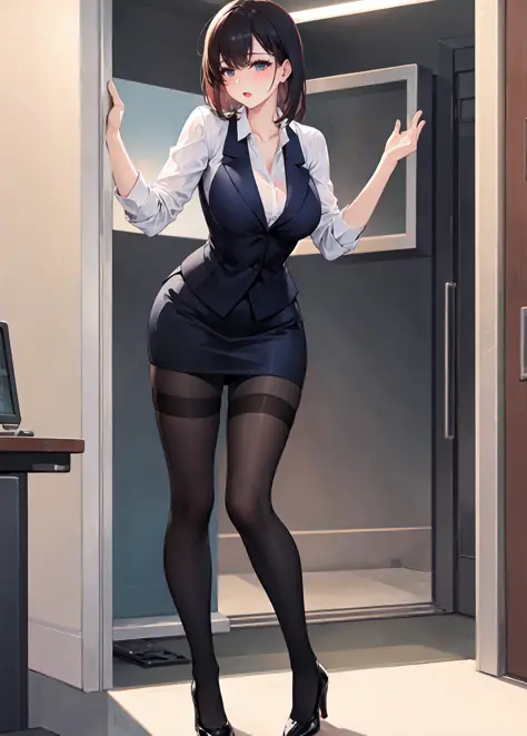 full body photo of a beautiful sexy secretary wearing extremely short skirt and seamed stockings, stands_straight, ((solo)), adult, in the office, high heels, craves sex, strokes_herself