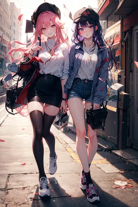 masterpiece, best quality, photorealistic, outdoors, cherry blossoms, night, blurry background, sunlight, depth of field, beautiful lighting, cinematic lighting, street, city lights, falling petals, falling sakura leaves, breeze, wind, 
AND yae miko, pink hair, pink eyes, teasing, smug, smirk, head tilted, knee up, necklace, cap, bracelet, skirt, (pencil skirt:1.2), thighhighs, blouse, looking at viewer, sunglasses, stylish hat, glossy skin, walking, sneakers
AND raiden shogun, purple hair, purple eyes, serious, blush, looking at viewer, single braid, shirt, tucked in, necklace, denim, short shorts, sneakers, socks, shirt, long sleeves, long hair, crossed legs, sunglasses, (stylish hat:1.2), glossy skin, walking