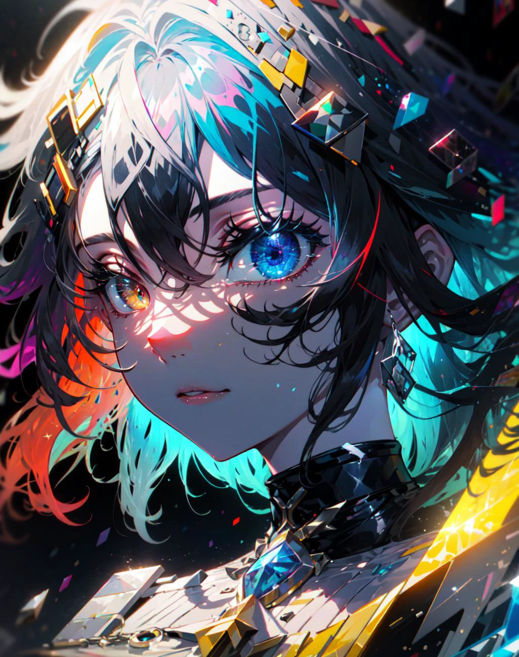 {{masterpiece}}, best quality, extremely detailed CG unity 8k wallpaper, cinematic lighting, lens flare, beautiful detail eyes, black,  side glance,  multicolor hair, colorful light, particles, heterochromia, (colorful:1.5), (colorful hair:1.5), 