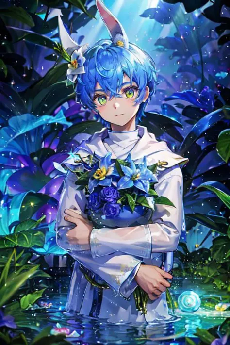 a girl with blue hair and blue eyes holding flowers in a forest