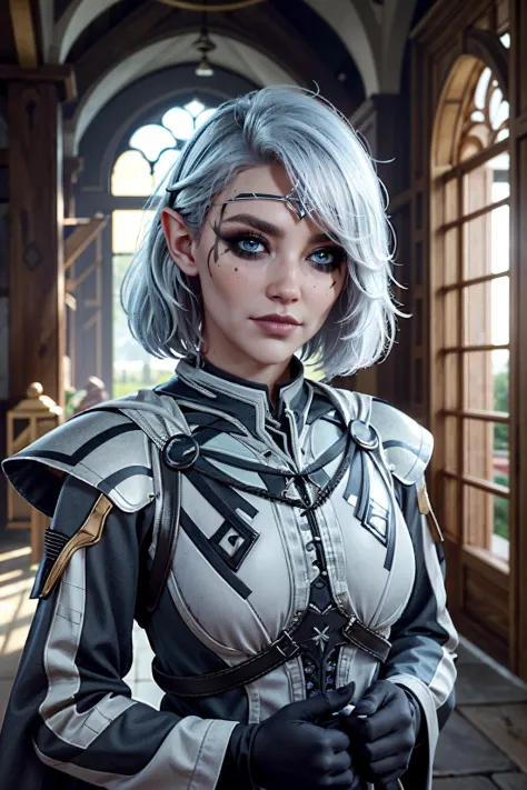 ( masterpiece, best quality, highres:1.3)
<lora:BGIsobel-000003:0.9>
BGIsobel, 1girl, solo, white hair, light blue eyes, pointy ears, black make up, medieval castle courtyard, twilight, mystical and historic with torches and a fading sky ,  wide angle, super highly detailed, professional digital painting, artstation, concept art, smooth, sharp focus, no blur, no do