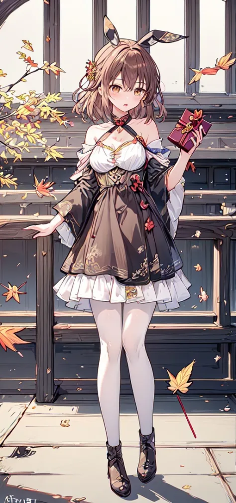 masterpiece,best quality, 1girl,  :o, blush, holding, holding gift, looking at viewer, parted lips, solo,1girl, brown eyes, brown hair, lipstick, medium hair, arrow (projectile), artist logo, falling leaves, full body, indoors, leaf,  <lora:LowPinkStyle2:0.7> <lora:add_detail:0.7>