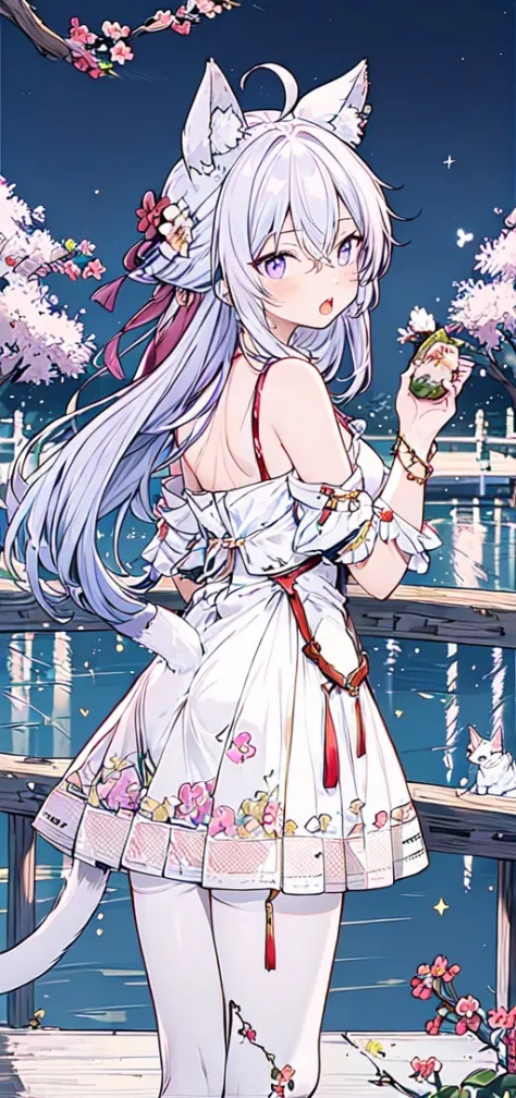 masterpiece,best quality, 1girl,  :o, blush, eating, hand up, holding, holding food, looking at viewer, looking back, solo,1girl, ahoge, animal, animal ear fluff, animal ears, bandaid, cat ears, cat tail, grey hair, hair between eyes, purple eyes, tail, wh...