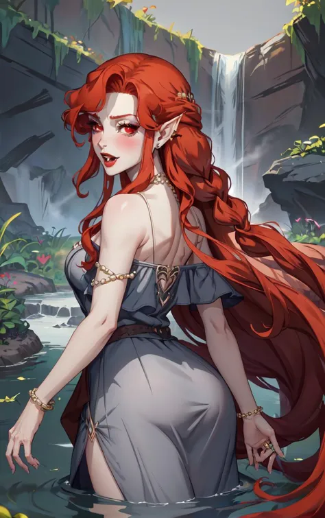 ((masterpiece, best quality)), insaneres, absurdres, solo, looking at viewer, 
NightGown_Lenore_ownwaifu,
1girl, long hair, red hair, red eyes, pointy ears, blush, breasts, cleavage, lips, red lips, collarbone,  fangs, lipstick, makeup, vampire, braid, floating hair, 
jewelry, necklace, pearl necklace, armlet, grey dress, bare shoulders, 
(wading, ass support), waterfall, <lora:CARTOON_Castlevania_Lenore_ownwaifu:0.75>,
 depth of field, vanishing point, garden, sidelighting,