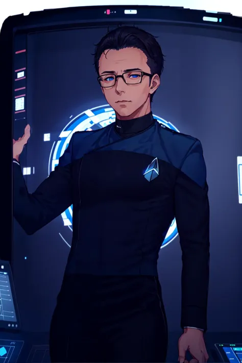 handsome man wearing (pcdst blue uniform,black pants,black long sleeves,black chest:1.3),in the space station control room<lora:...