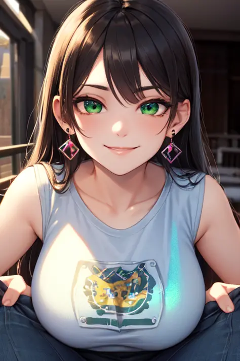 (masterpiece, best quality, ultra-detailed, highres),perfect face, sidelighting, lustrous skin,(bloom), (shine), ray tracing, sci-fi, 1girl, solo, wearing a band tshirt, denim jeans,(holographic green eyes),earrings, long_hair,(mature),depth_of_field,very detailed background,extreme light and shadow,(detailed eyes), (beautiful) beautiful detailed eyes, (seductive smirk), island scene background, perfect lighting , perfect anatomy, upper body ,close up , pov