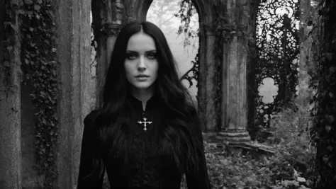 <lora:BWGH625600:1.1> (cinematic black and white:1.1), (long hair, standing woman in an overgrown outdoor gothic ruin:1.3), the ...