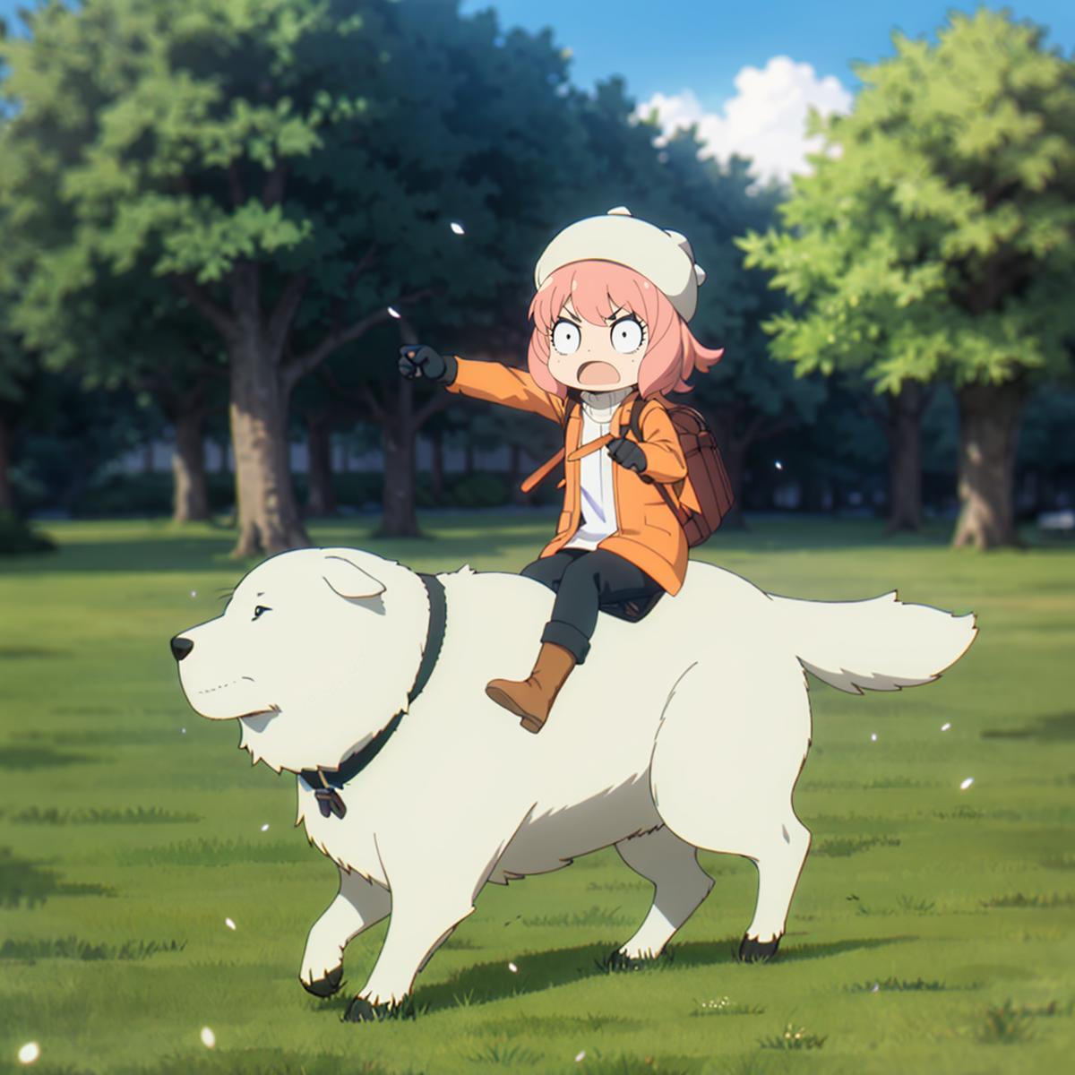 Anime character riding a dog in a park with trees in the background -  SeaArt AI