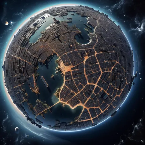 a  satellite photo from space of a planet made of a huge city, <lora:SDXL Detail:0.8>,  stars in background,