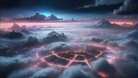 a high altitude aerial photo from space of Coruscant at night, a huge planet made of a  city, clouds, foggy valleys, a sci-fi cyberpunk city with neon lights, <lora:SDXL Detail:0.8>,  <lora:Cloudify-SDXL:0.8> cloudify, sky, clouds,