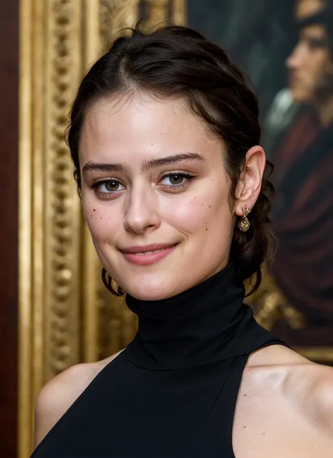 a stunning intricate full color portrait of (sks woman:1), wearing a black turtleneck, epic character composition, sharp focus, ...