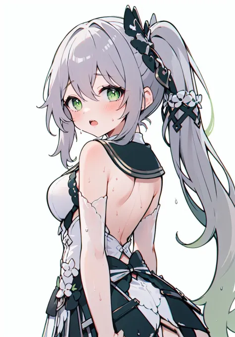 outfit-timeless dress, 1girl, grey hair, green  eyes,solo,side ponytail,milf, blush, looking at viewer, open mouth, bangs,
close...