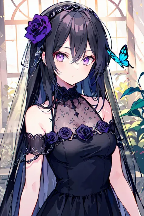 <lora:Onineko:0.8>1girl, black flower, solo, bug, butterfly, black rose, black hair, veil, purple eyes, long hair, flower, looki...