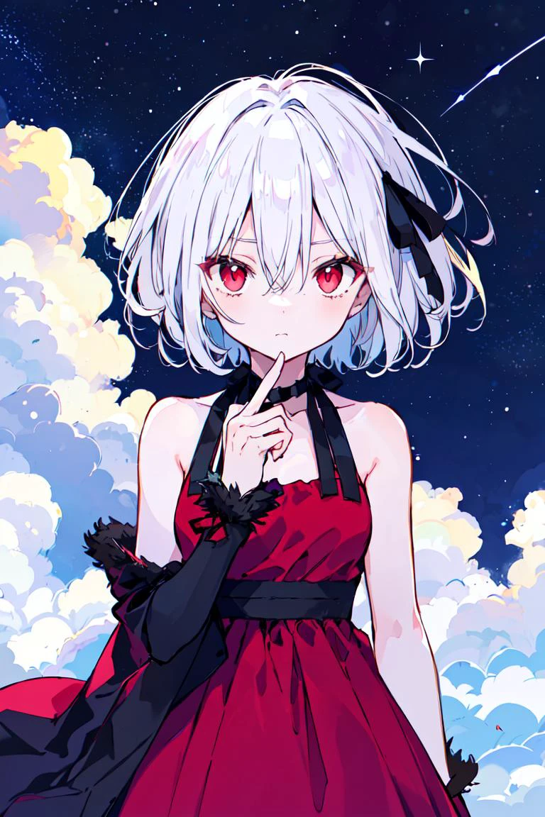 1girl, solo, dress, feathers, sky, red eyes, red dress, sleeveless dress, outdoors, hair between eyes, bangs, sleeveless, ribbon, night, night sky, short hair, bare shoulders, star (sky), cloud, starry sky, closed mouth, hand up, white hair, looking at viewer, black ribbon