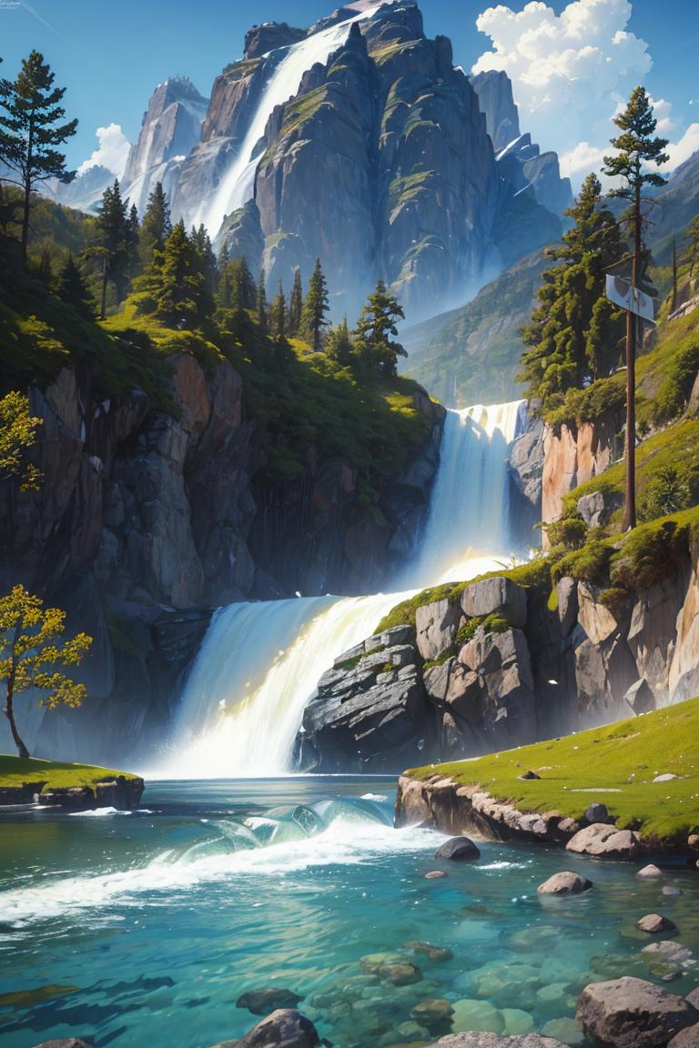 A painting of a waterfall in the mountains with trees and rocks 