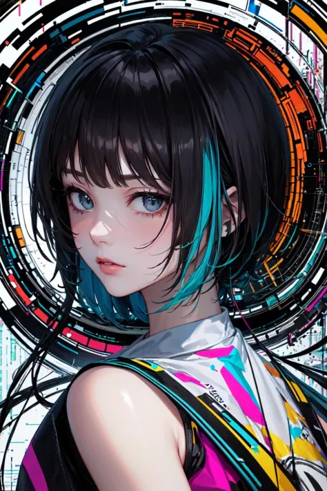 (masterpiece, top quality, best quality, official art, beautiful and aesthetic:1.2), 1girl, glitch art, (digital distortion), pi...