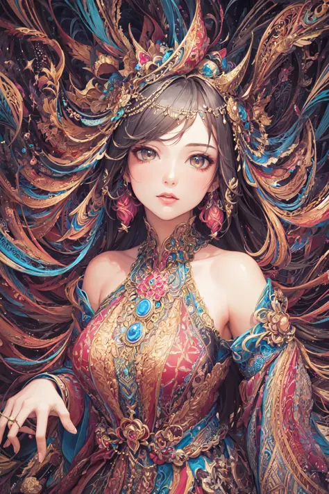 (masterpiece, top quality, best quality, official art, beautiful and aesthetic:1.2), (1girl:1.3), extremely detailed,(fractal art:1.2),colorful,highest detailed,(zentangle:1.2), (dynamic pose), (abstract background:1.5), (treditional dress:1.2), (shiny ski...