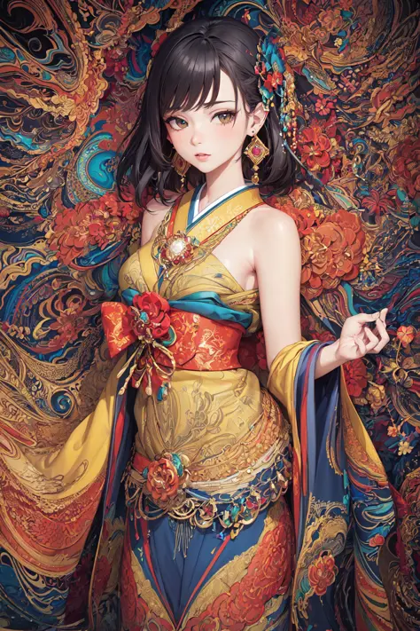(masterpiece, top quality, best quality, official art, beautiful and aesthetic:1.2), (1girl:1.3), extremely detailed,(fractal art:1.1),(colorful:1.1),highest detailed,(zentangle:1.2), (dynamic pose), (abstract background:1.5), (japanese dress:1.2), (shiny ...