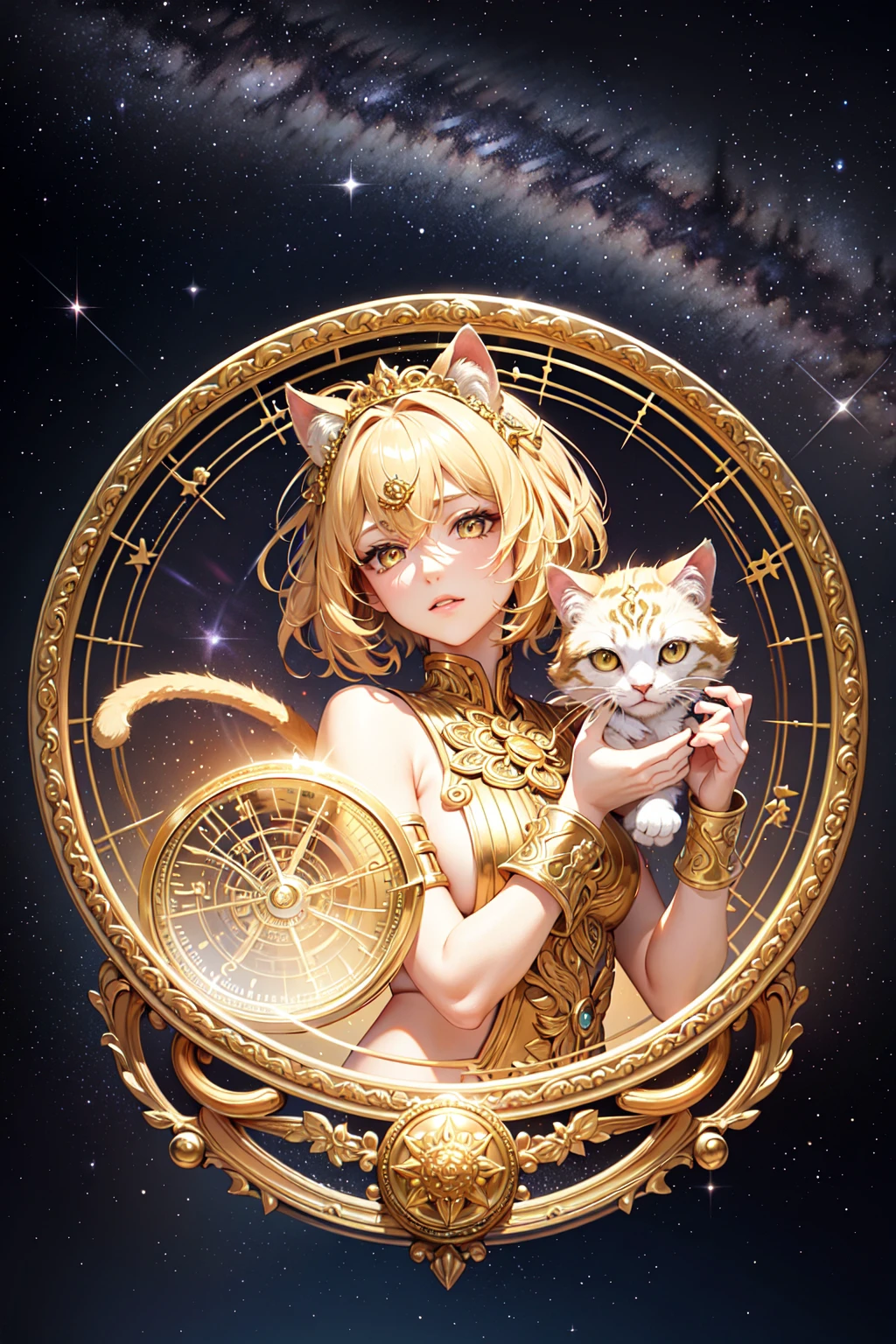 Realistic, (Masterpiece, Top Quality, Best Quality, Official Art, Beautiful and Aesthetic: 1.2), Very Detailed, Fractal Art, Colorful, Most Detailed, Leo, (Abstract Background: 1.5) (1girl: 1.3), (Cat class), yellow hair, bright eyes, earnest, combed back, short hair, , milky way, huge magical gold Leo astrolabe,dream,fantasy, gold trim,beautiful detailed sky,Style and Decoration for Leo, leo goddess,(nsfw:0.8)
delicate refective and high glass guardrail board