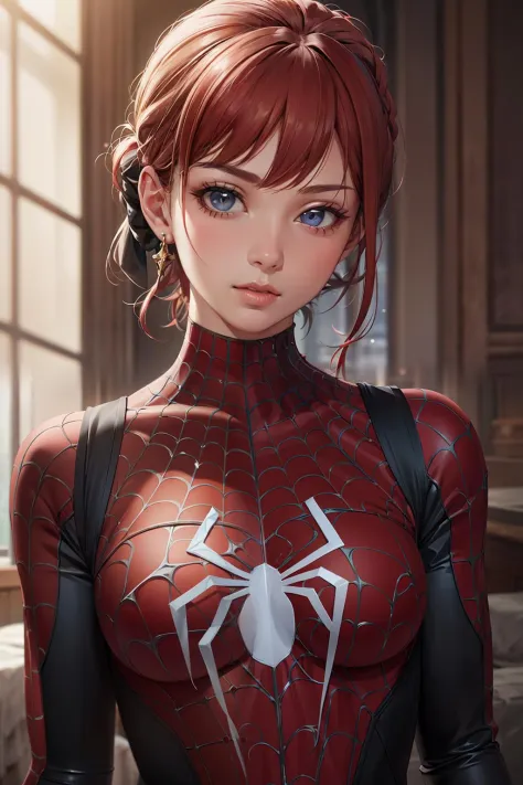 best quality,game cg,1girl, masterpiece, best quality, 8k, detailed skin texture, detailed cloth texture, beautiful detailed face, intricate details, ultra detailed, audrey hepburn, Spider-Man uniform, straight red hair, (Half body:1.2)