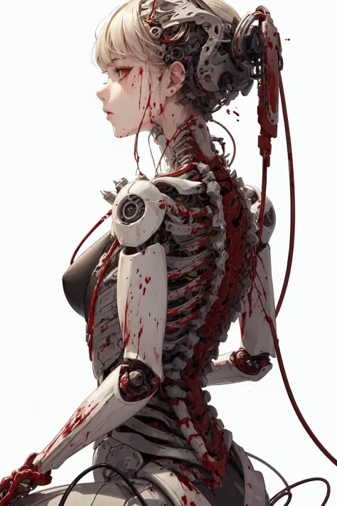 (masterpiece, top quality, best quality, official art, beautiful and aesthetic:1.2), (1girl:1.3), extreme detailed,colorful,highest detailed ((ultra-detailed)), (highly detailed CG illustration), ((an extremely delicate and beautiful)),(from side),cinematic light,((1mechanical girl)),solo,full body,(machine made joints:1.2),((machanical limbs)),(blood vessels connected to tubes),(mechanical vertebra attaching to back),((mechanical cervial attaching to neck)),(sitting),expressionless,(wires and cables attaching to neck:1.2),(wires and cables on head:1.2)(character focus),science fiction,white background,(blood:1.5)