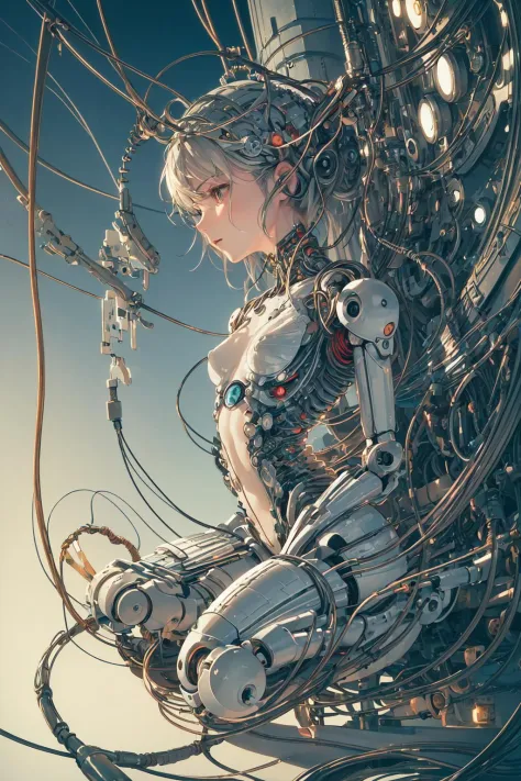(((masterpiece))), (((best quality))), ((ultra-detailed)), (highly detailed CG illustration), ((an extremely delicate and beautiful)),(cute delicate face),cinematic light,((1mechanical girl)),solo,full body,(machine made joints:1.4),((machanical limbs)),(b...