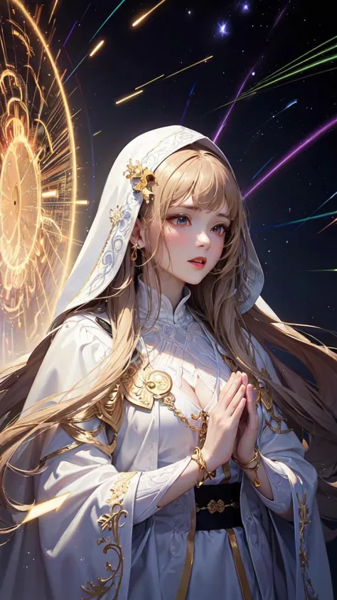(masterpiece, top quality, best quality, official art, beautiful and aesthetic:1.2), (1girl), extreme detailed, (fractal art:1.3), colorful, highest detailed, perfect face, upper body, HDR, (praying:1.3), (white cloak golden lines:1.2), galaxy, (light streaks), striking visuals, (dynamic streaks, luminous trails:1.2), vibrant colors, <lora:japaneseDollLikeness_v15:0.2>, <lora:taiwanDollLikeness_v15:0.4>